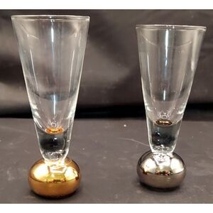 Handblown Cordial Shot Glasses Set Of‎ 2 Ball Bottom Base Gold & Silver 4.5"